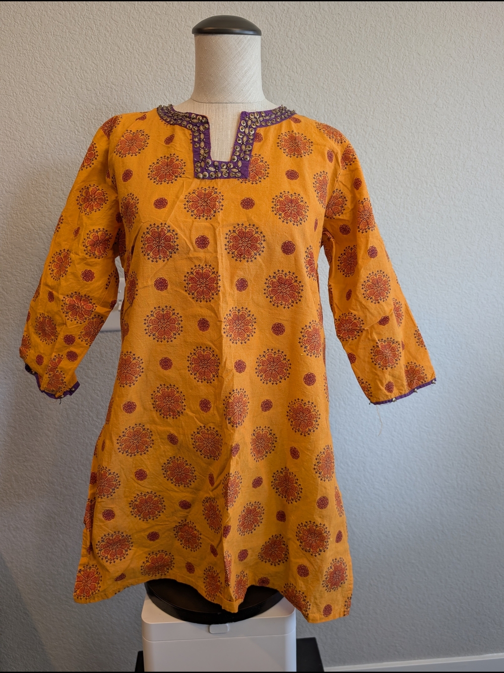 Vintage Sz XL Embroidered Yellow Orange Tunic with Purple Accents Pakistan Boho